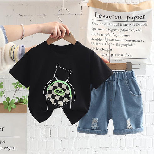 Handsome Round Neck Short Sleeve Suit With Zipper Bag Denim Shorts Two-piece Set